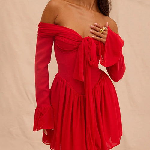 Load image into Gallery viewer, Elegant Strapless Backless Sexy Mini Dress For Women Red Off-shoulder Long Flare Sleeve Pleated Club Party Dress 2024
