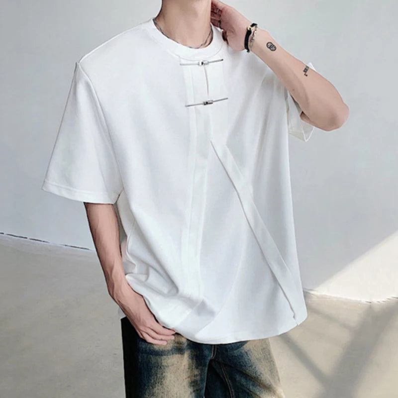 Simple Casual Male Top New Chinese Style Knot Buckle Design Shoulder Pad Short Sleeve T-shirt Trendy Solid Color C6001