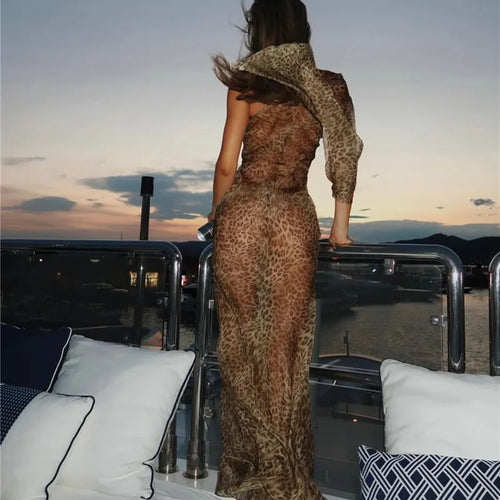 Load image into Gallery viewer, One Shoulder Leopard Print Maxi Dress Women Inclined Shoulder Backless Beach Holiday Vacation Club Sexy Long Dress
