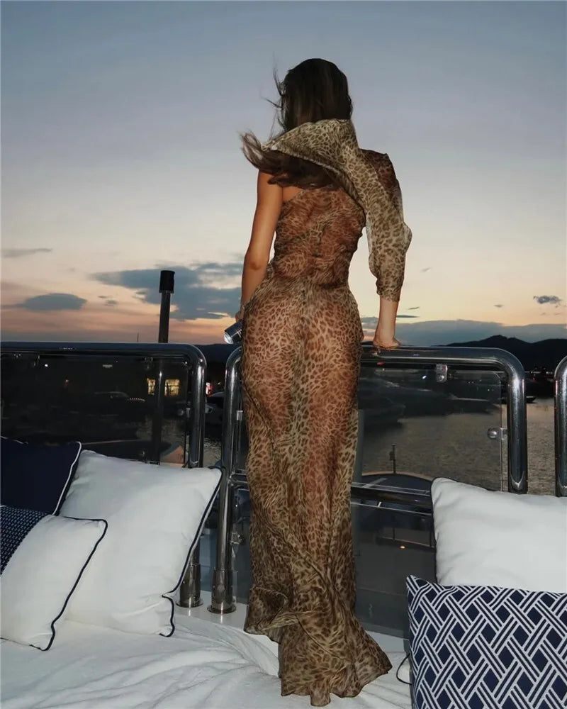 One Shoulder Leopard Print Maxi Dress Women Inclined Shoulder Backless Beach Holiday Vacation Club Sexy Long Dress