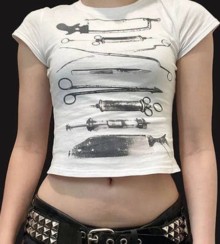 Dark Printed Cropped T Shiirt Gothic Casual Slim O-Neck Short Sleeve Tees Women 2024 Summer Fashion Streetwear Ladies