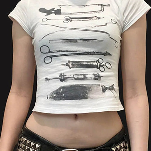 Load image into Gallery viewer, Dark Printed Cropped T Shiirt Gothic Casual Slim O-Neck Short Sleeve Tees Women 2024 Summer Fashion Streetwear Ladies
