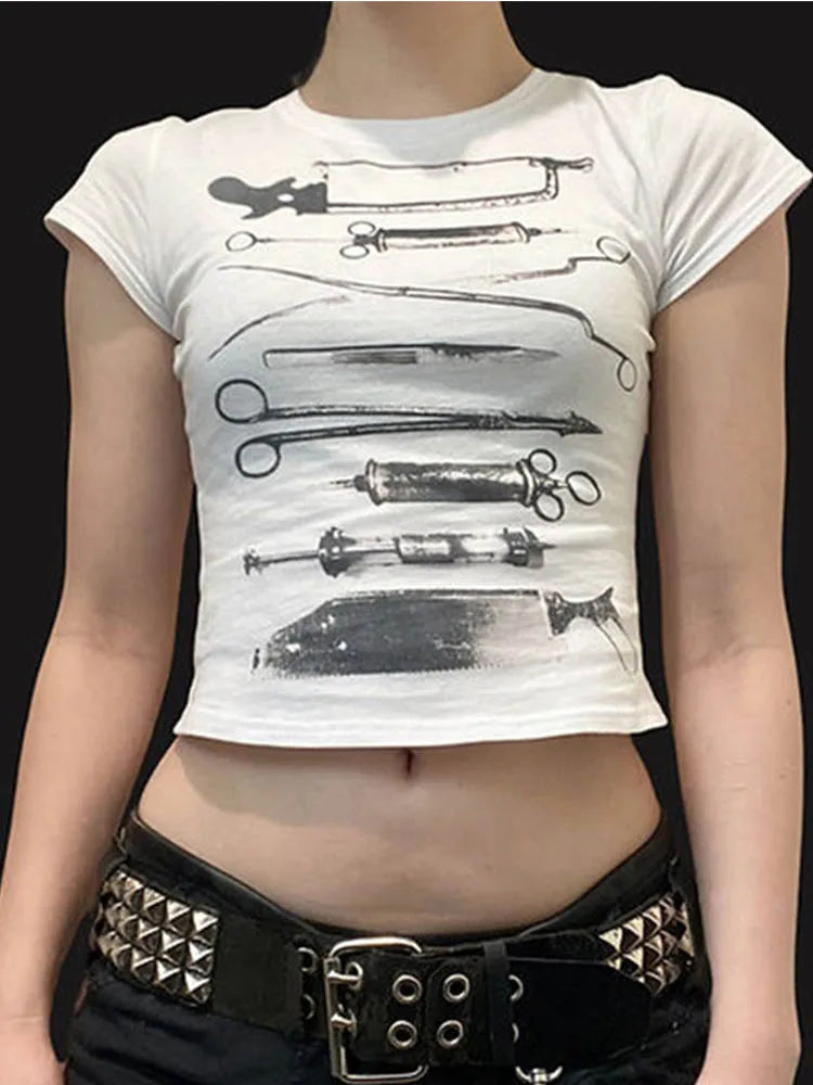 Dark Printed Cropped T Shiirt Gothic Casual Slim O-Neck Short Sleeve Tees Women 2024 Summer Fashion Streetwear Ladies