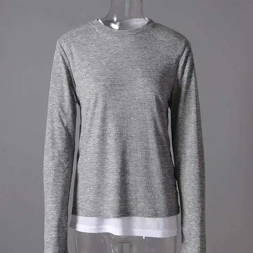 Load image into Gallery viewer, Women Black Gray Color-block Slim Knitting T-shirt New Round Neck Long Sleeve Fashion Tide Spring Autumn 2025 CPG2853
