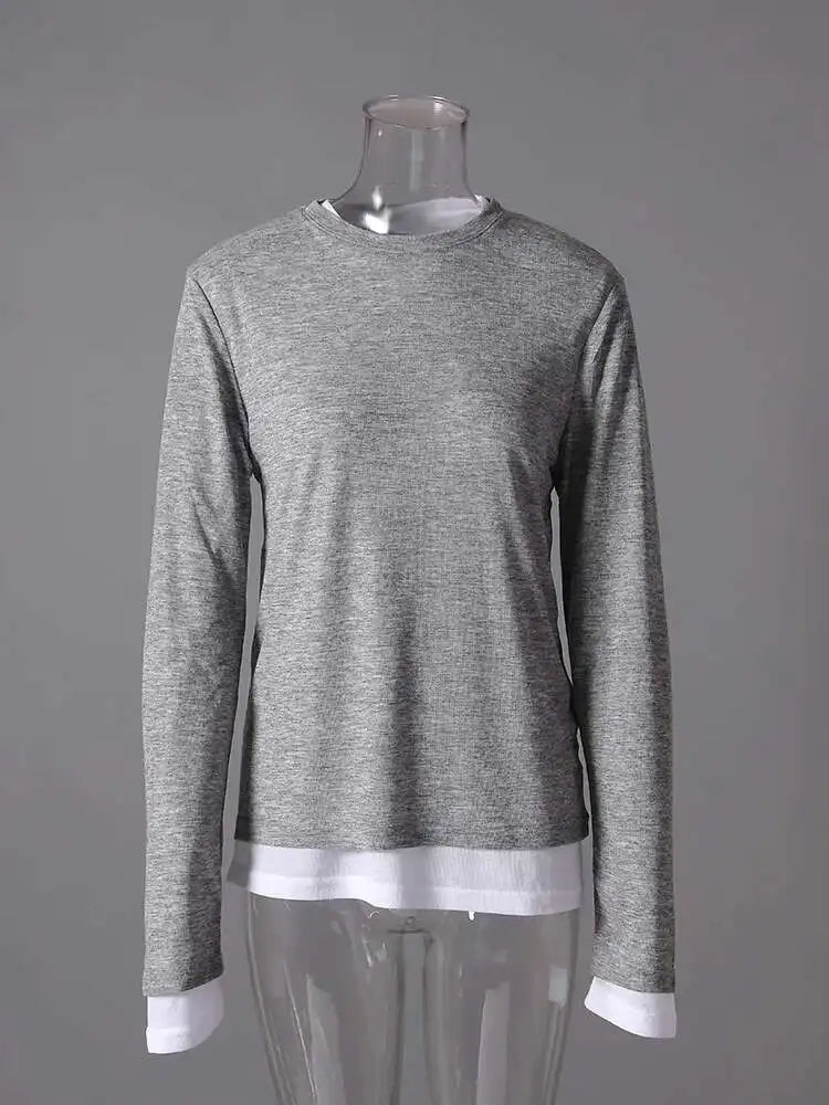 Women Black Gray Color-block Slim Knitting T-shirt New Round Neck Long Sleeve Fashion Tide Spring Autumn 2025 CPG2853