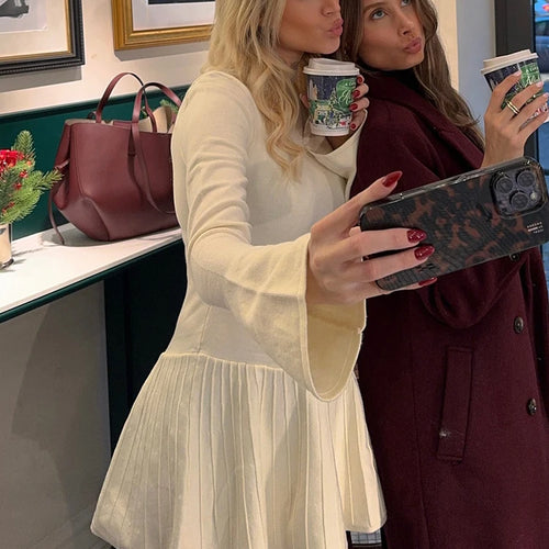 Load image into Gallery viewer, Half High Collar Long Sleeve Knit Mini Dress For Women Autumn Winter New Solid High Waist Pleated Knit Sweater Dress
