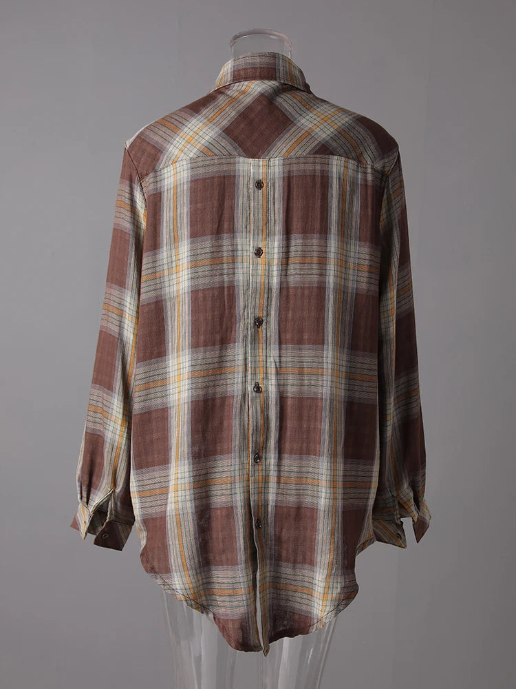 Women Plaid Vintage Back Button Big Size Casual Blouse New Lapel Long Sleeve Shirt Fashion Tide Spring Autumn 2025 26C1723