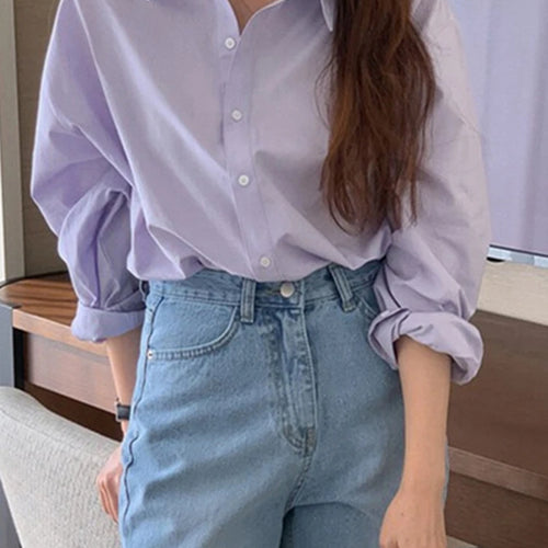 Load image into Gallery viewer, Spring Purple Women Shirt Korean Style Solid Color Drop Sleeves Loose Chic Fashion Female Shirts Simple Casual Shirts
