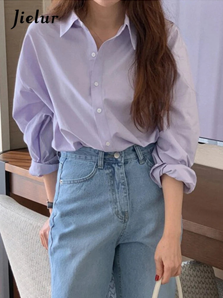 Spring Purple Women Shirt Korean Style Solid Color Drop Sleeves Loose Chic Fashion Female Shirts Simple Casual Shirts