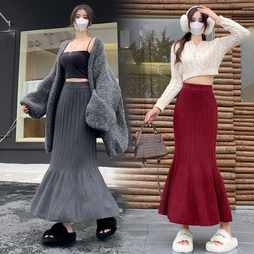 Load image into Gallery viewer, Vintage Women Solid High Waist Versatile Pleated A-line Long Skirt 2024 Autumn Winter French Sweet Knitted Fishtail Skirt Street
