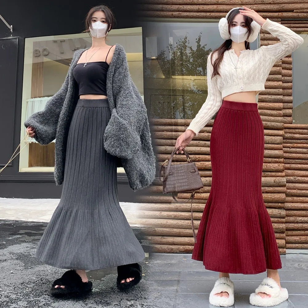 Vintage Women Solid High Waist Versatile Pleated A-line Long Skirt 2024 Autumn Winter French Sweet Knitted Fishtail Skirt Street