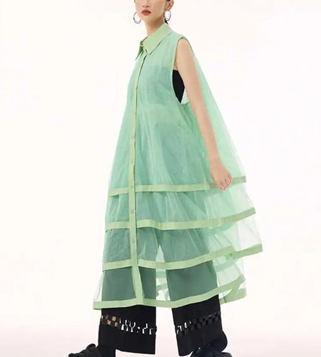 Women Black Layers Mesh Big Size Midi Vest Shirt Dress New Lapel Sleeveless Fashion Tide Spring Summer 2025 1DH9472