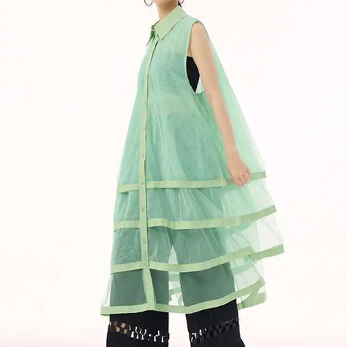 Load image into Gallery viewer, Women Black Layers Mesh Big Size Midi Vest Shirt Dress New Lapel Sleeveless Fashion Tide Spring Summer 2025 1DH9472
