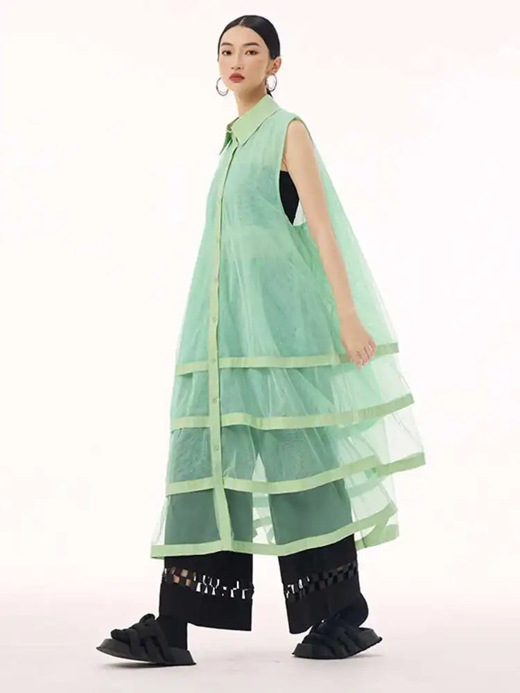 Women Black Layers Mesh Big Size Midi Vest Shirt Dress New Lapel Sleeveless Fashion Tide Spring Summer 2025 1DH9472