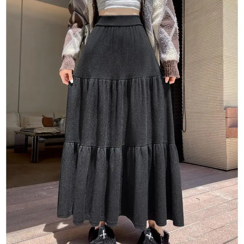 Load image into Gallery viewer, Vintage Women Solid High Waist Versatile Pleated A-line Long Skirts 2024 Autumn Winter French Sweet Cake Knit Skirt Streetwear

