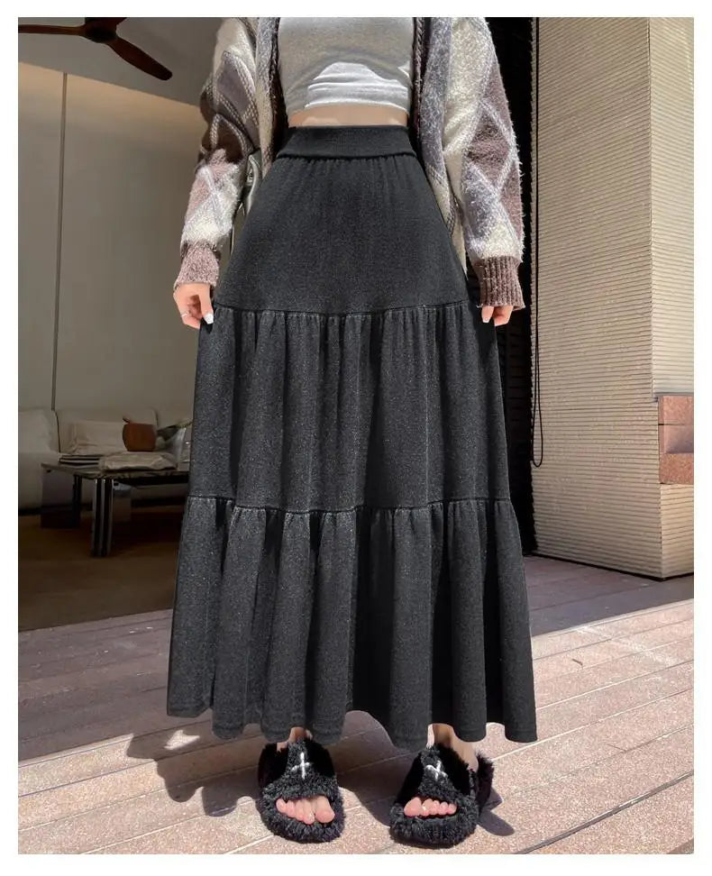 Vintage Women Solid High Waist Versatile Pleated A-line Long Skirts 2024 Autumn Winter French Sweet Cake Knit Skirt Streetwear