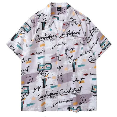Vintage Hawaiian Shirts Men Graffiti Graphic Printed Summer Beach Blouse Hip Hop Harajuku Baggy Short Sleeve Button Up Tops