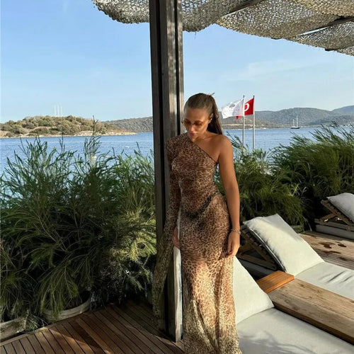 Load image into Gallery viewer, One Shoulder Leopard Print Maxi Dress Women Inclined Shoulder Backless Beach Holiday Vacation Club Sexy Long Dress
