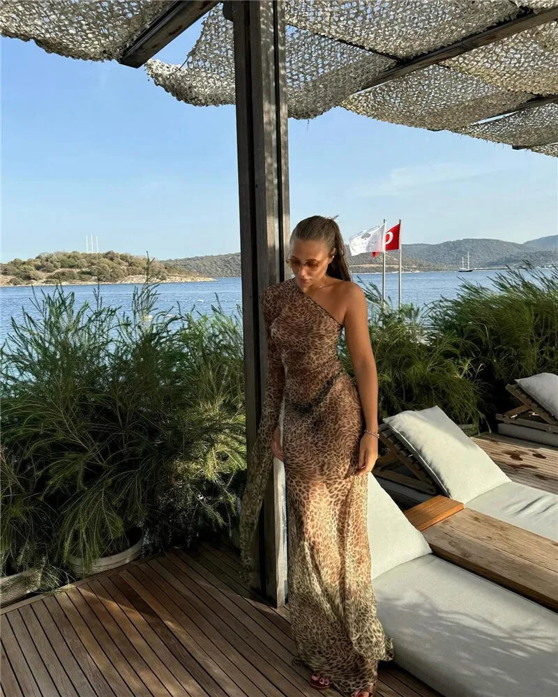 One Shoulder Leopard Print Maxi Dress Women Inclined Shoulder Backless Beach Holiday Vacation Club Sexy Long Dress