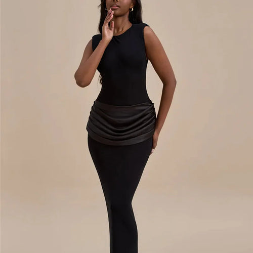 Load image into Gallery viewer, Sleeveless Ruched Sexy Maxi Dress For Women Gown Fashion Black O Neck High Waist Bodycon Club Party Long Dress Vestido
