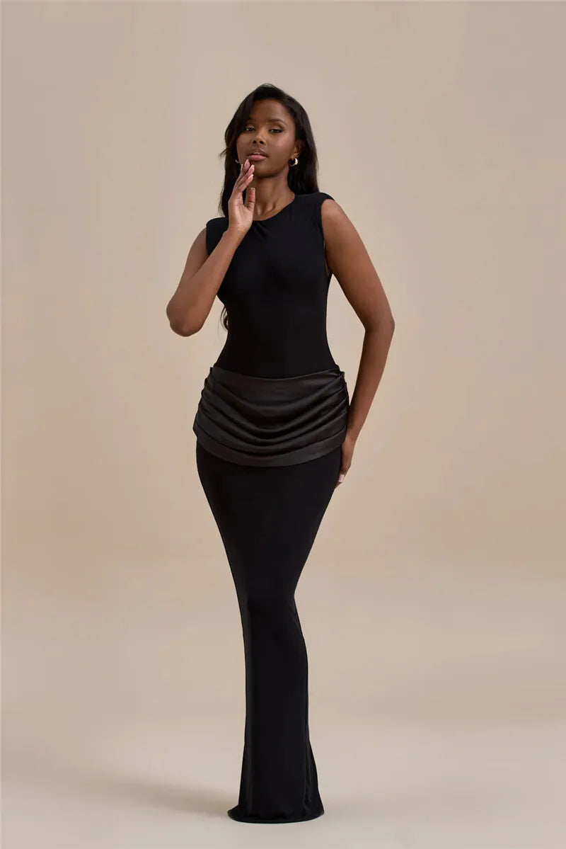 Sleeveless Ruched Sexy Maxi Dress For Women Gown Fashion Black O Neck High Waist Bodycon Club Party Long Dress Vestido