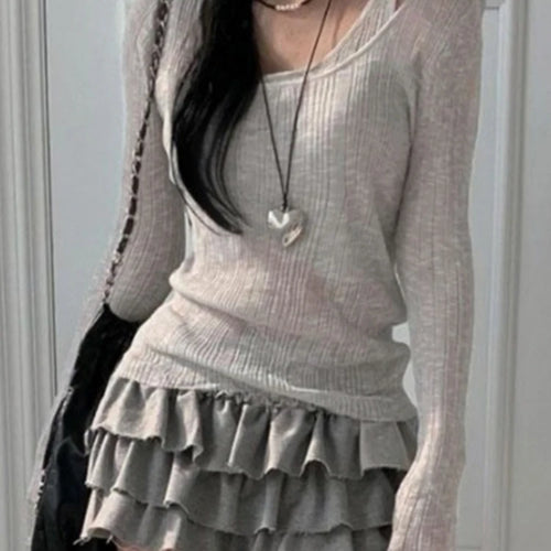 Load image into Gallery viewer, Two Pieces Set Autumn Simple Casual Long Sleeve Vintage Women T-shirts + Japanese Solid Bottoming Y2k Aesthetic All Match Tanks
