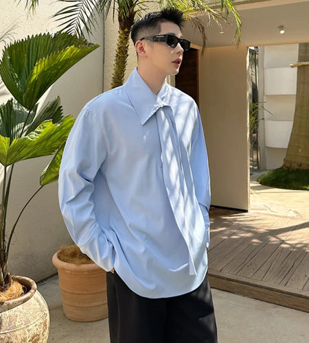 Summer Men's Shirts Long Sleeve Trendy One-piece Tie Decoration Pullover Metal Buckle Design Male Casual Clothing 9W1878