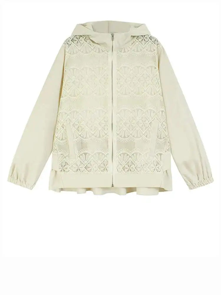Apricot Lace Perspective Big Size Elegant Jacket New Hooded Long Sleeve Women Coat Fashion Tide Spring Autumn 2025 1DH9294