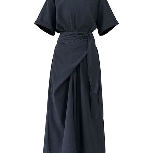 Load image into Gallery viewer, Women Navy Blue Cross Bandage Big Size Elegant Midi Dress New Round Neck Short Sleeve Fashion Spring Summer 2025 1DJ1359
