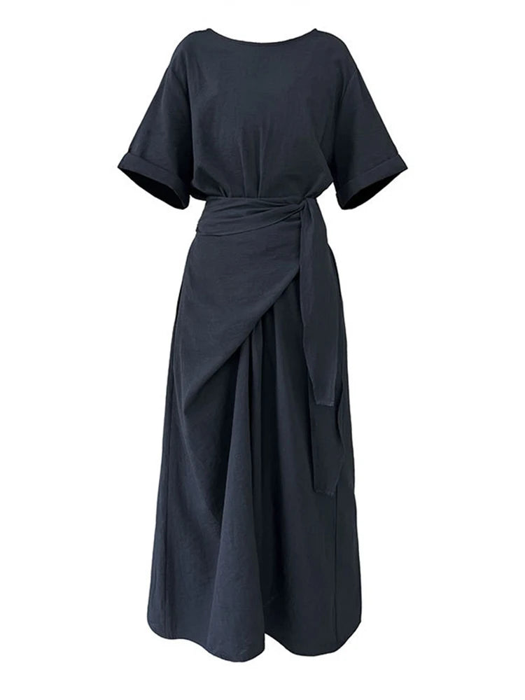 Women Navy Blue Cross Bandage Big Size Elegant Midi Dress New Round Neck Short Sleeve Fashion Spring Summer 2025 1DJ1359