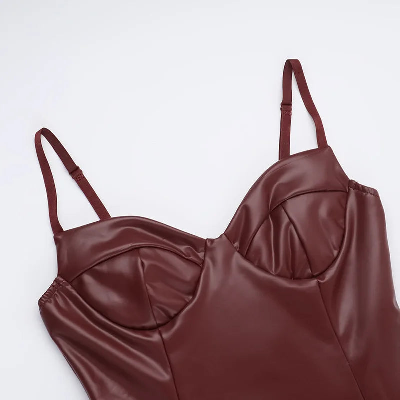 Spaghetti Strap PU Leather Sexy Maxi Dress For Women Fashion Halter Sleeveless Backless Slim Fit Sexy Long Dress New