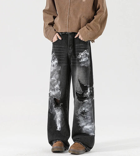 Men's Jeans New American Style Niche Design Graffiti Ripped Design Straight Wide Leg Hole Stylish Male Clothing 9W2023