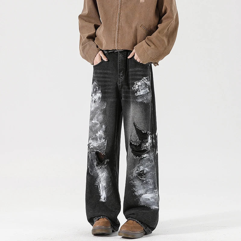Men's Jeans New American Style Niche Design Graffiti Ripped Design Straight Wide Leg Hole Stylish Male Clothing 9W2023