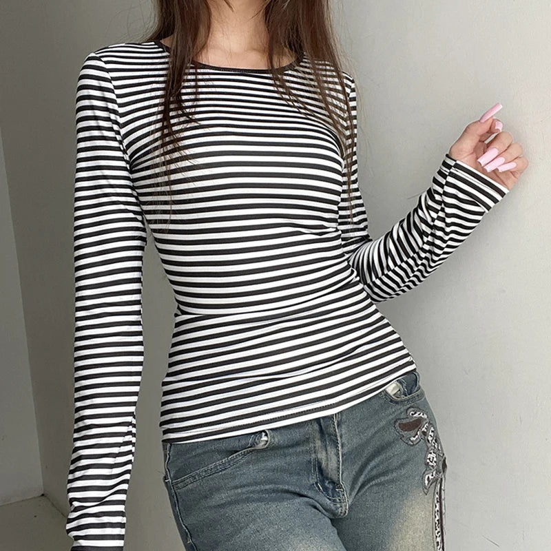 y2k Tops Women Grunge Clothes Casual Striped Round Neck Backless Long Sleeve Tee Shirts 2000s Clothing Streetwear