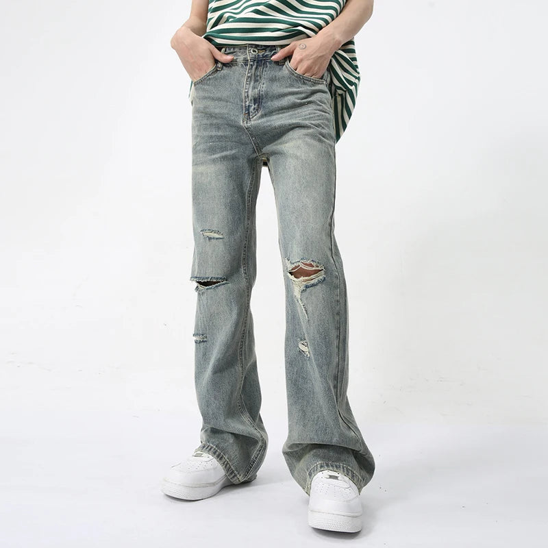 Men's Ripped Jeans High Street Summer Fashion Hip-hop Loose Zipper Opening Design Personality Denim Pants 9C5903