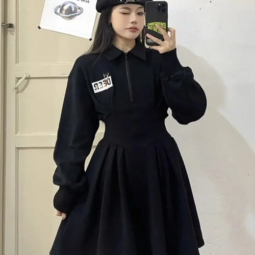 Load image into Gallery viewer, Korean Zip Oversized Black Mini Dress Women Kpop Letter School Student Sport Wrap Long Sleeve Short Dresses Autumn
