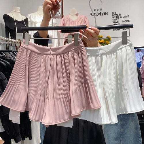 Load image into Gallery viewer, Women Sweet Black White Vacation Zipper Pleated Short Pant Summer Pink High Waist Wide Leg A-line Mini Shorts Casual Simplicity
