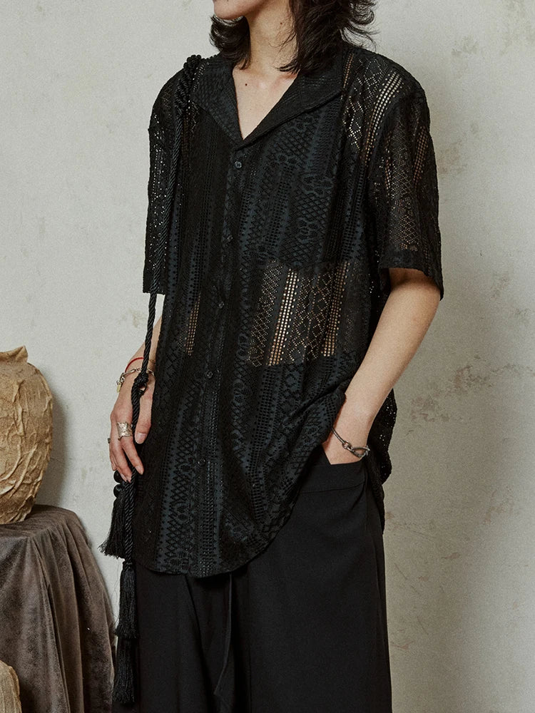 Women Beige Hollow Out Pocket Big Size Elegant Blouse New Lapel Short Sleeve Shirt Fashion Tide Spring Summer 2025 1DJ1184