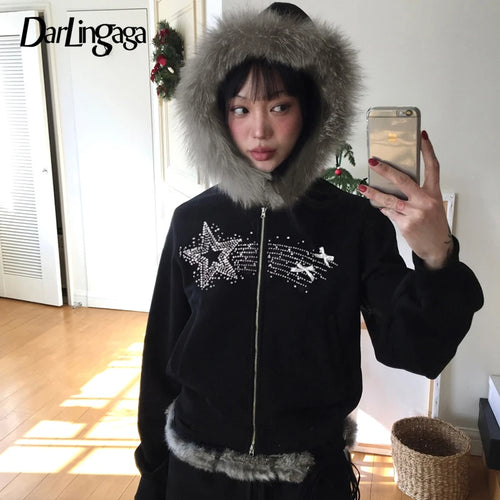 Load image into Gallery viewer, Streetwear Star Rhinestone Autumn Winter Jacket Women Faux Fur Trim Collar Gothic Zipper Up Coat Harajuku Outwear New
