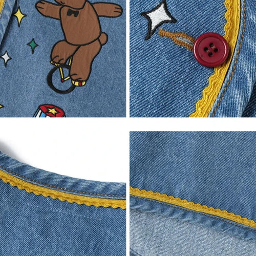 Load image into Gallery viewer, Cartoon Bear Embroidery Women Casual Denim Vests Summer V Neck Sleeveless Single-breasted Korean Ladies Kawaii Cute Top
