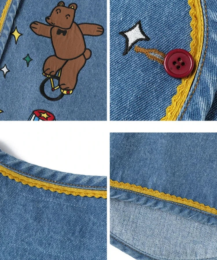 Cartoon Bear Embroidery Women Casual Denim Vests Summer V Neck Sleeveless Single-breasted Korean Ladies Kawaii Cute Top