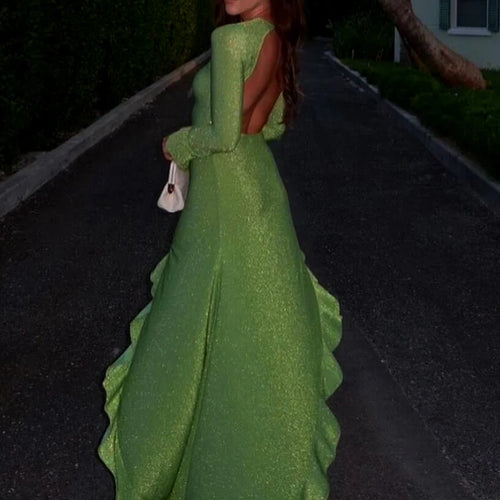 Load image into Gallery viewer, Glitter Thigh High Split Sexy Maxi Dress For Women Gown O Neck Long Sleeve Backless Ruffled Shiny Long Dress Gown
