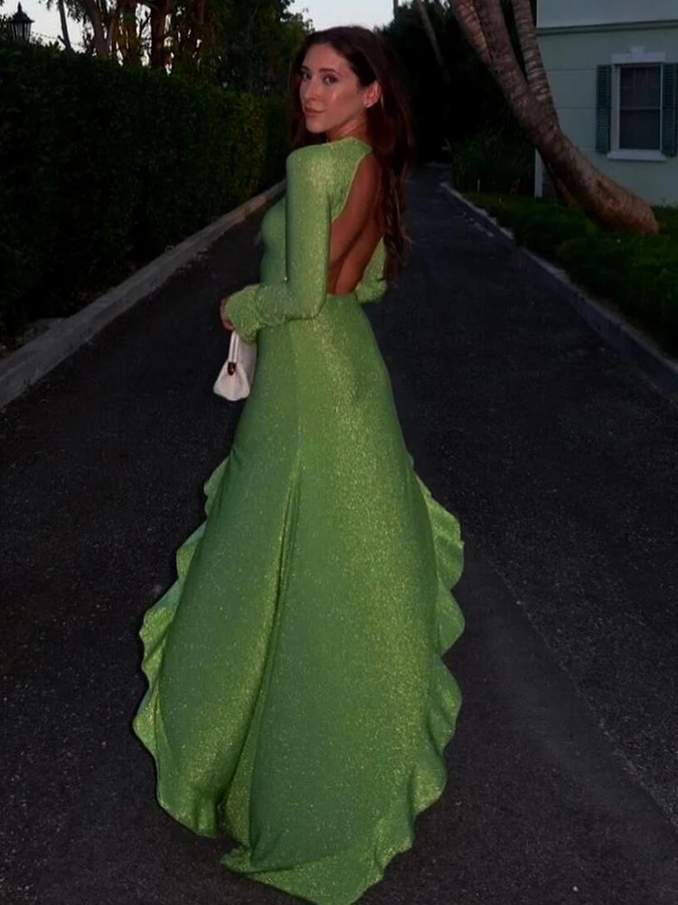 Glitter Thigh High Split Sexy Maxi Dress For Women Gown O Neck Long Sleeve Backless Ruffled Shiny Long Dress Gown