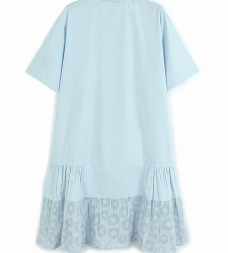 Women Blue Circle Printed Spliced Big Size Midi Shirt Dress New Lapel Short Sleeve Fashion Tide Spring Summer 2025 1DJ1356