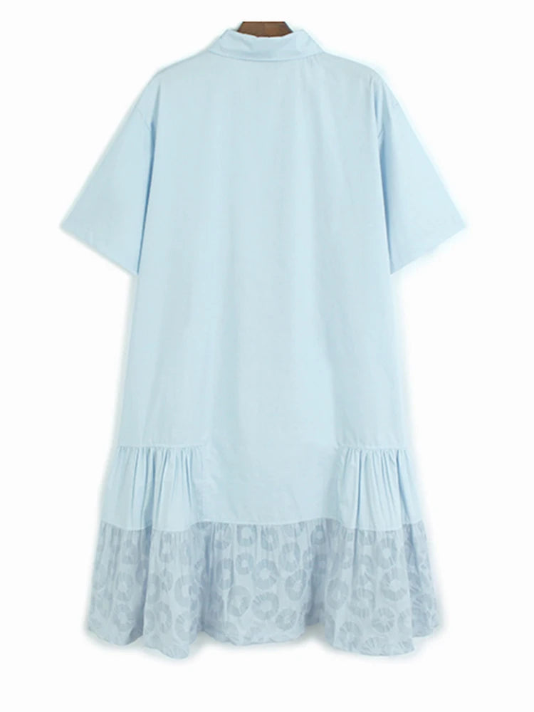 Women Blue Circle Printed Spliced Big Size Midi Shirt Dress New Lapel Short Sleeve Fashion Tide Spring Summer 2025 1DJ1356