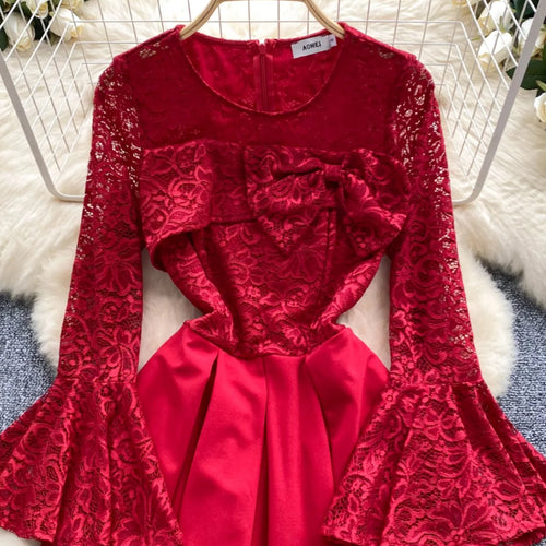 Load image into Gallery viewer, French Women Red Patchwork Lace Birthday Evening Party Dresses Autumn Round Neck Elegant Festival Long Sleeved Bow Pleated Dress
