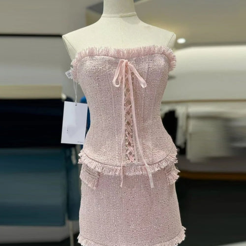 Load image into Gallery viewer, Elegant Spliced Tassels Two Piece Sets for Women Strapless Sleeveless Patchwork Lace Up Vest Mini Skirt Set Female
