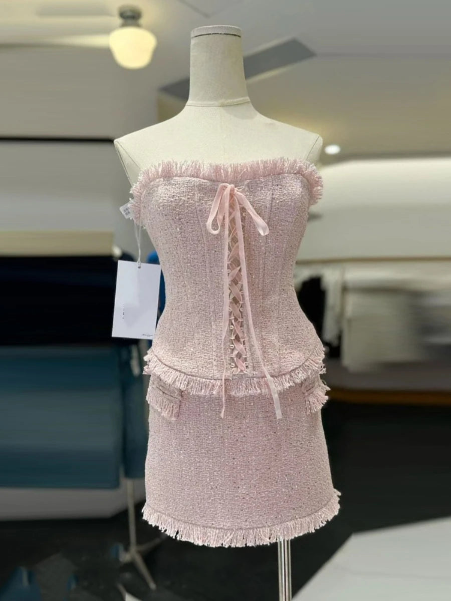 Elegant Spliced Tassels Two Piece Sets for Women Strapless Sleeveless Patchwork Lace Up Vest Mini Skirt Set Female