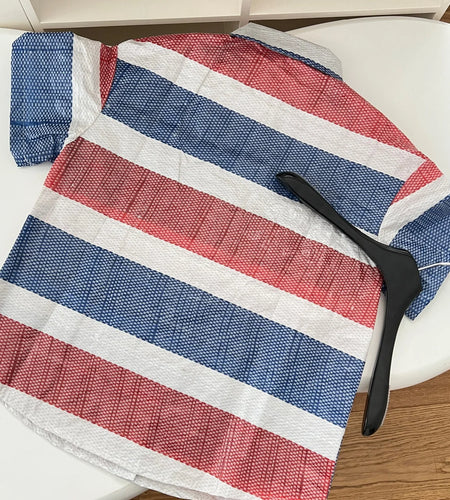 Korean Blue Patchwork Single Breasted Casual T-shirt Women's Summer Fashion Elegant Holiday Short Sleeve Tops Versatile Trendy