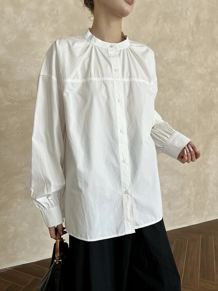 Women White Elegant Big Size Blouse New Stand Collar Long Lantern Sleeve Shirt Fashion Tide Spring Autumn 2025 1DH9280